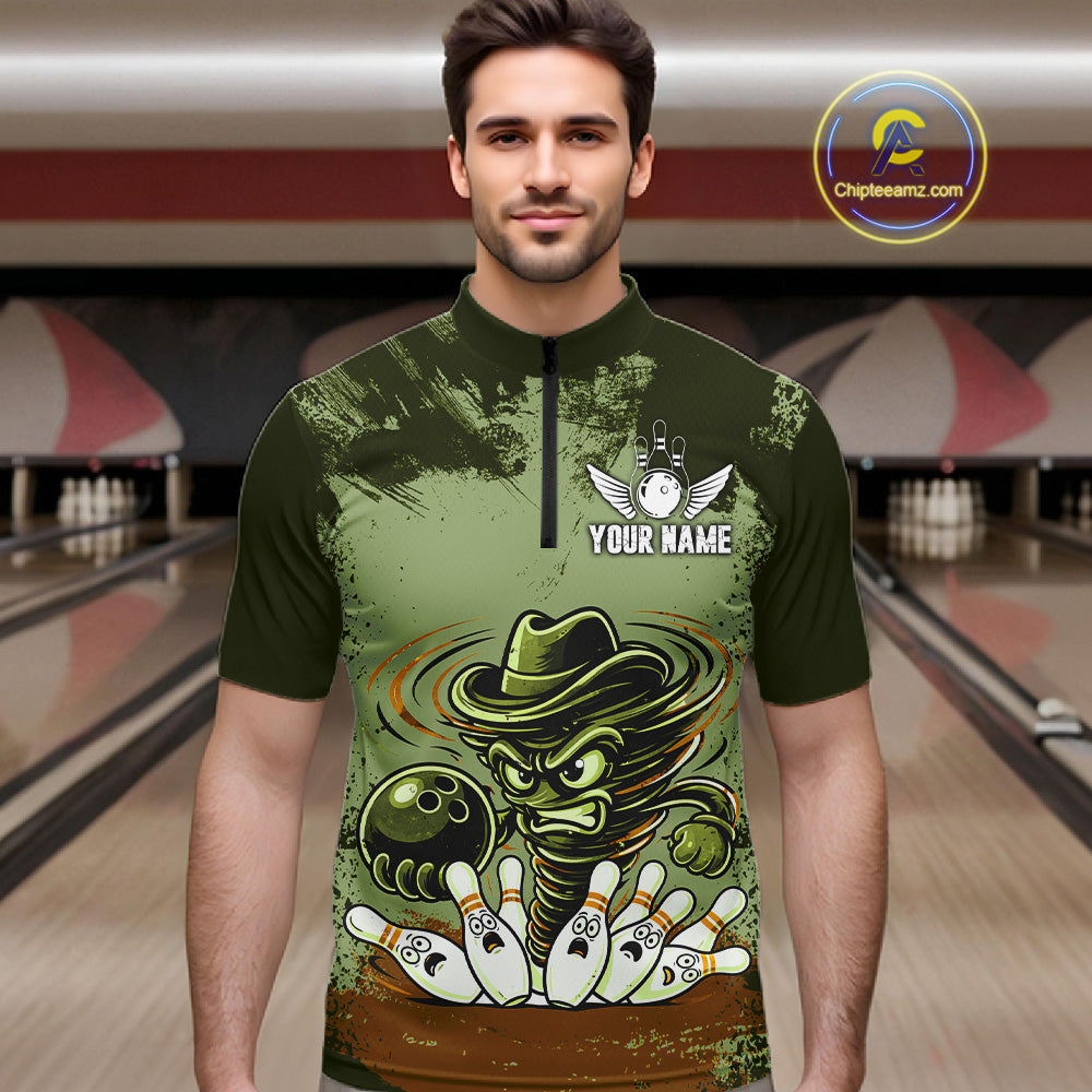 Funny Tornado Green Grunge Bowling Shirts For Men Custom Bowling Team Jersey Polo & Quarter Zip TDM7706
