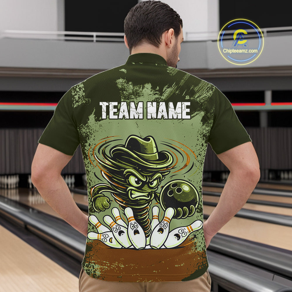 Funny Tornado Green Grunge Bowling Shirts For Men Custom Bowling Team Jersey Polo & Quarter Zip TDM7706