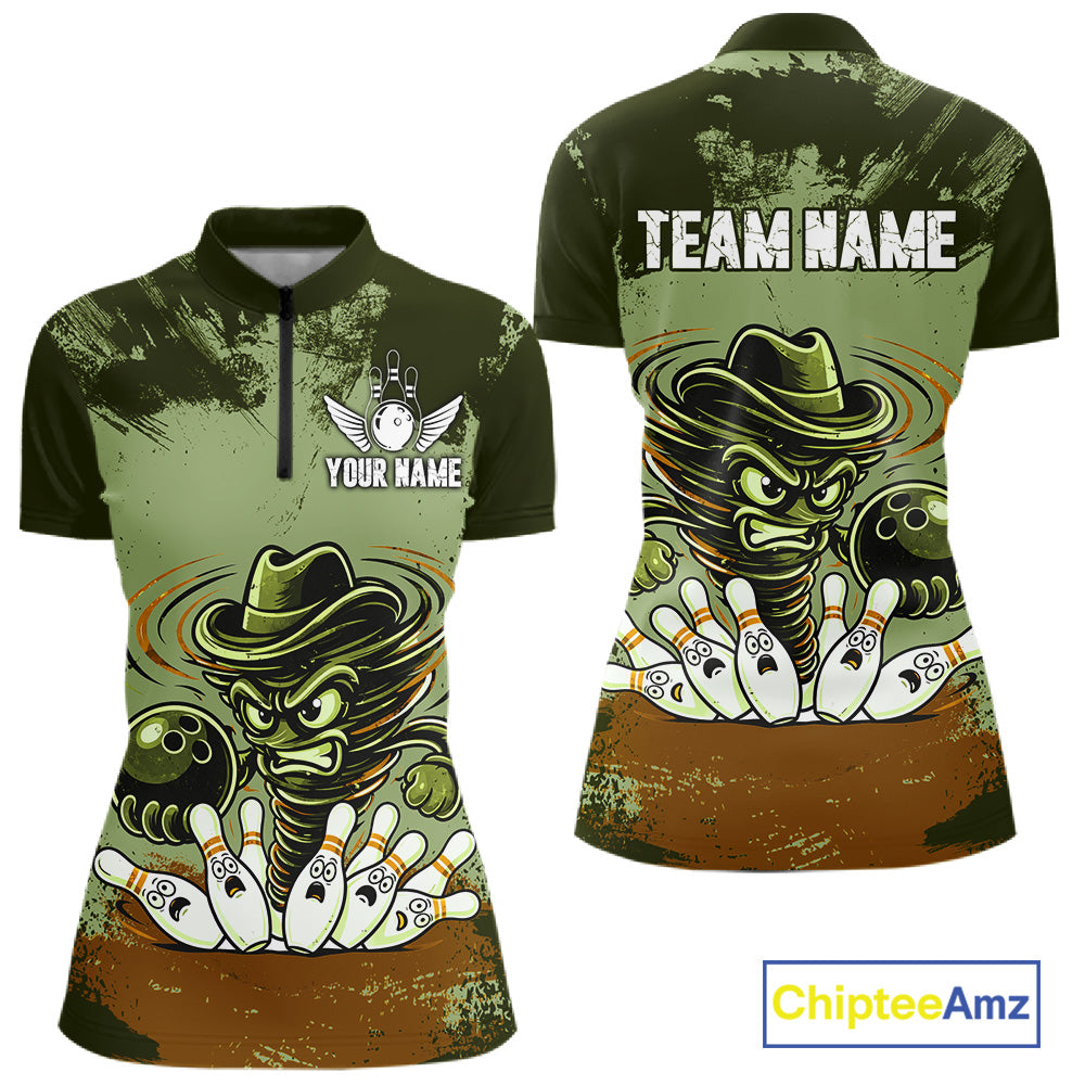 Funny Tornado Green Grunge Bowling Shirts For Women Custom Bowling Team Jersey Polo & Quarter Zip TDM7706