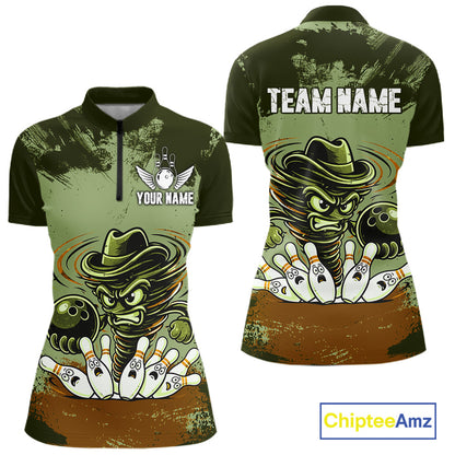 Funny Tornado Green Grunge Bowling Shirts For Women Custom Bowling Team Jersey Polo & Quarter Zip TDM7706