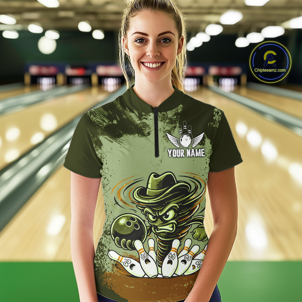 Funny Tornado Green Grunge Bowling Shirts For Women Custom Bowling Team Jersey Polo & Quarter Zip TDM7706