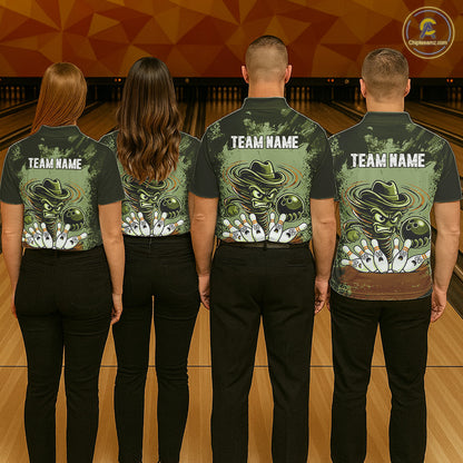 Funny Tornado Green Grunge Bowling Shirts For Men Custom Bowling Team Jersey Polo & Quarter Zip TDM7706