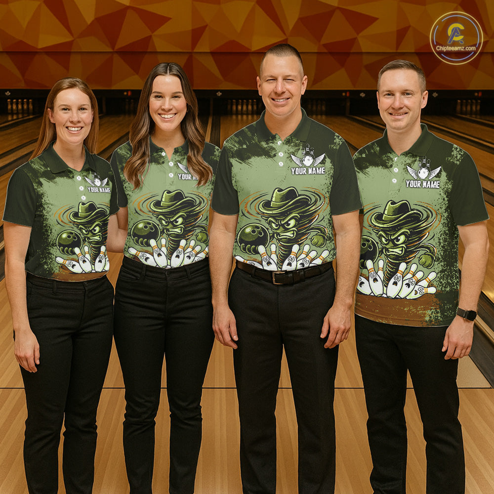 Funny Tornado Green Grunge Bowling Shirts For Men Custom Bowling Team Jersey Polo & Quarter Zip TDM7706
