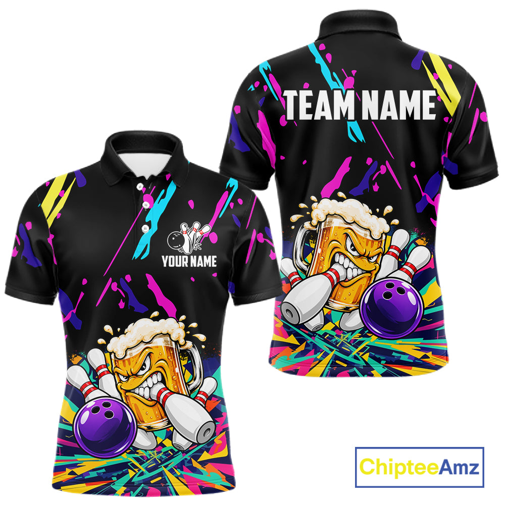 Colorful Bowling Jersey Funny Beer Bowling Polo & 1/4 Zip For Men Custom Bowling Team Shirts TDM8024