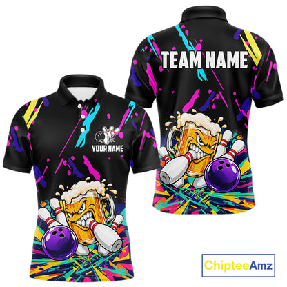 Colorful Bowling Jersey Funny Beer Bowling Polo & 1/4 Zip For Men Custom Bowling Team Shirts TDM8024