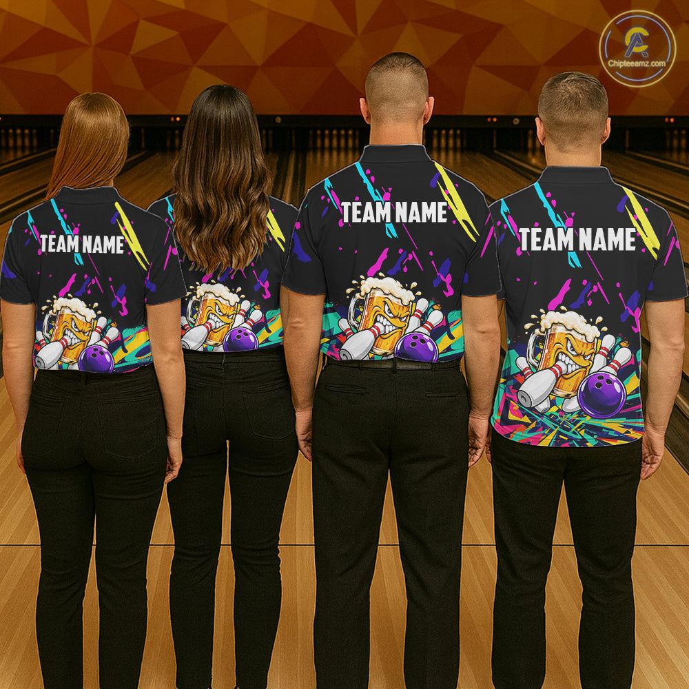 Colorful Bowling Jersey Funny Beer Bowling Polo & 1/4 Zip For Men Custom Bowling Team Shirts TDM8024