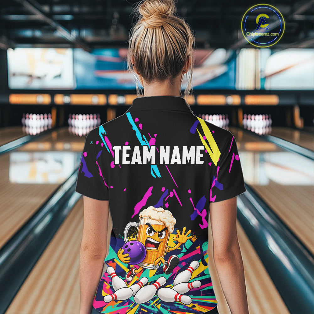 Colorful Bowling Jersey Funny Beer Bowling Team Shirts For Women Custom Bowling Polo & 1/4 Zip TDM8025