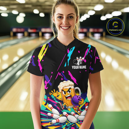 Colorful Bowling Jersey Funny Beer Bowling Team Shirts For Women Custom Bowling Polo & 1/4 Zip TDM8025