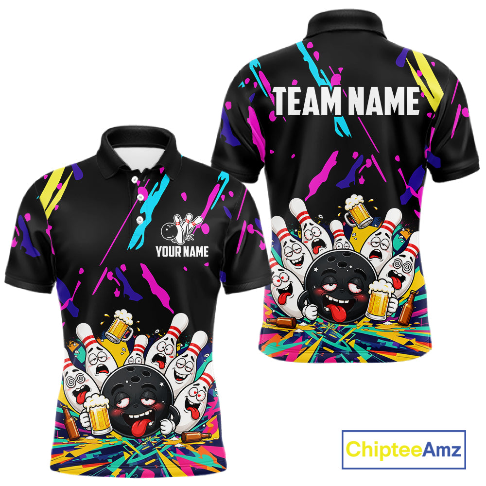 Colorful Bowling Jersey Funny Drunk Beer Bowling Polo & 1/4 Zip For Men Custom Bowling Team Shirt TDM8027