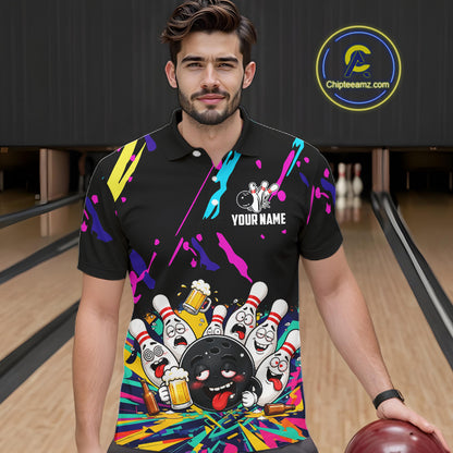 Colorful Bowling Jersey Funny Drunk Beer Bowling Polo & 1/4 Zip For Men Custom Bowling Team Shirt TDM8027
