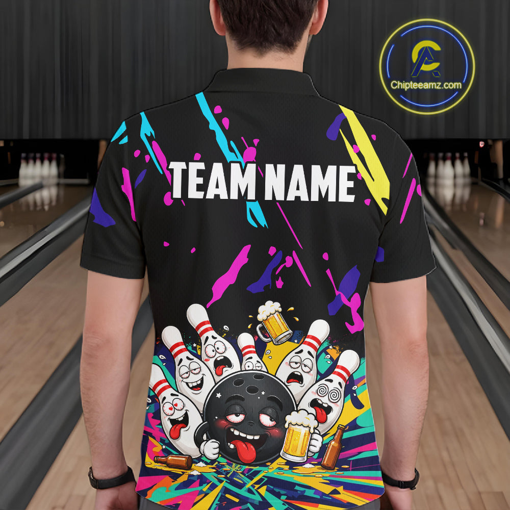Colorful Bowling Jersey Funny Drunk Beer Bowling Polo & 1/4 Zip For Men Custom Bowling Team Shirt TDM8027