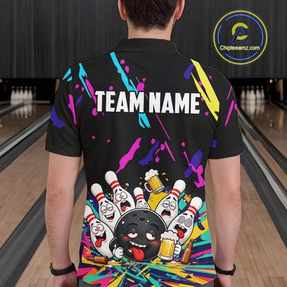 Colorful Bowling Jersey Funny Drunk Beer Bowling Polo & 1/4 Zip For Men Custom Bowling Team Shirt TDM8027