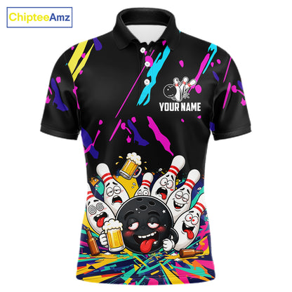 Colorful Bowling Jersey Funny Drunk Beer Bowling Polo & 1/4 Zip For Men Custom Bowling Team Shirt TDM8027
