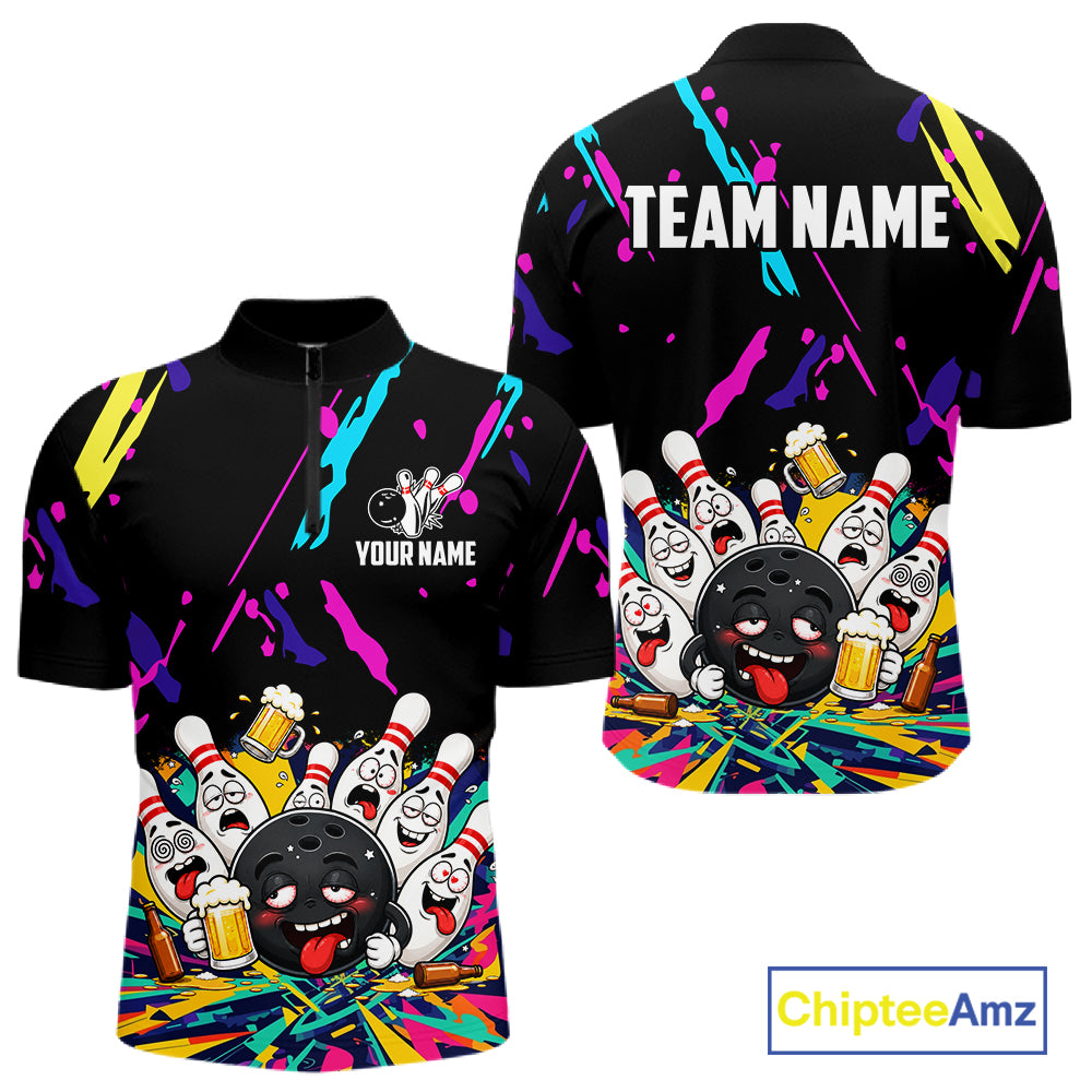 Colorful Bowling Jersey Funny Drunk Beer Bowling Polo & 1/4 Zip For Men Custom Bowling Team Shirt TDM8027