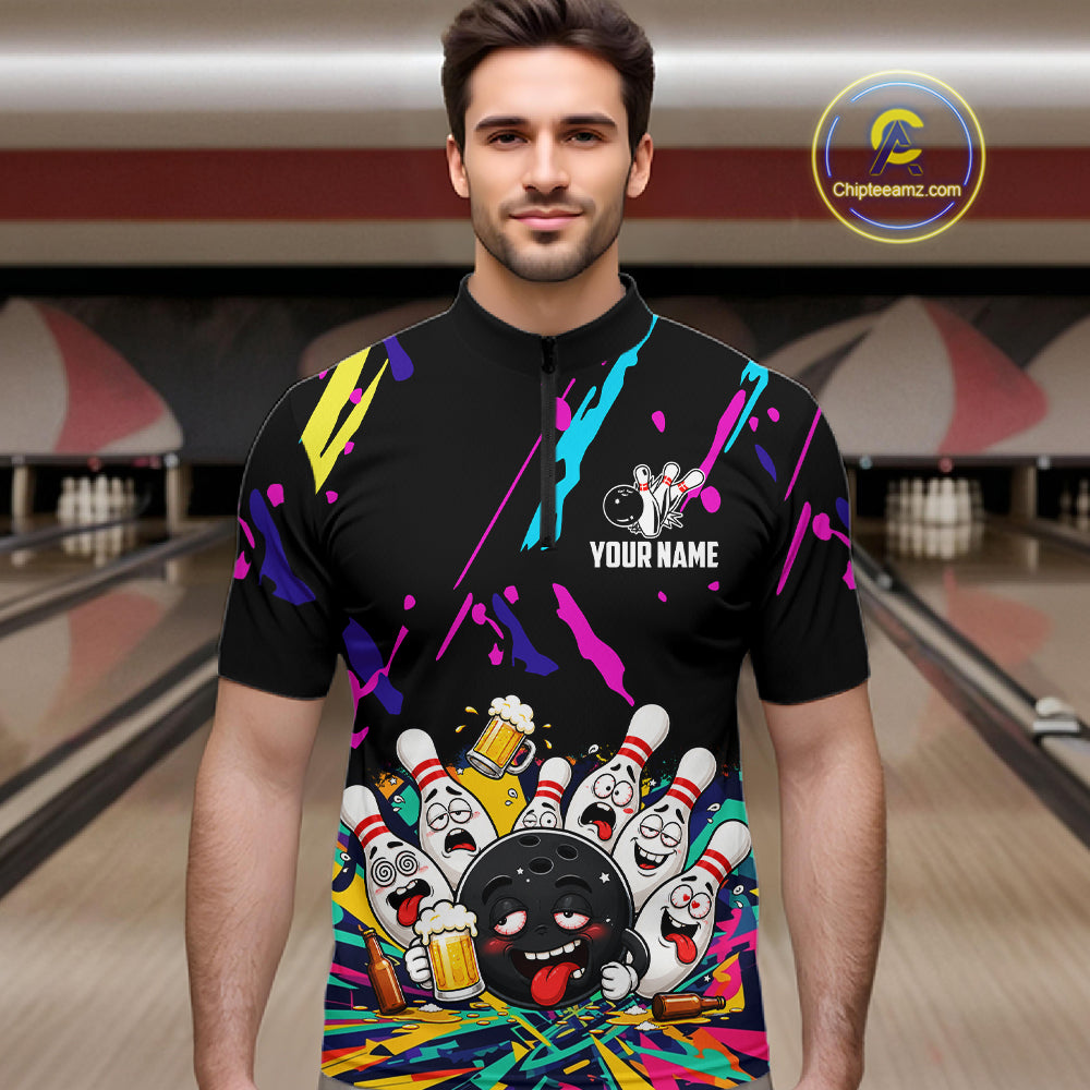 Colorful Bowling Jersey Funny Drunk Beer Bowling Polo & 1/4 Zip For Men Custom Bowling Team Shirt TDM8027