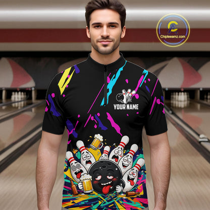 Colorful Bowling Jersey Funny Drunk Beer Bowling Polo & 1/4 Zip For Men Custom Bowling Team Shirt TDM8027