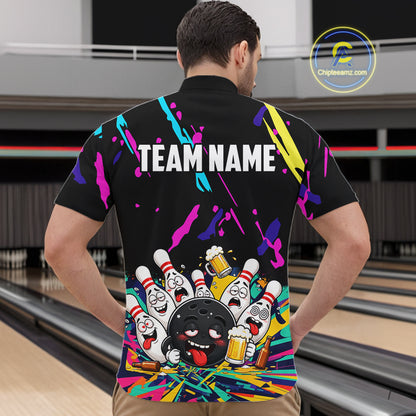 Colorful Bowling Jersey Funny Drunk Beer Bowling Polo & 1/4 Zip For Men Custom Bowling Team Shirt TDM8027