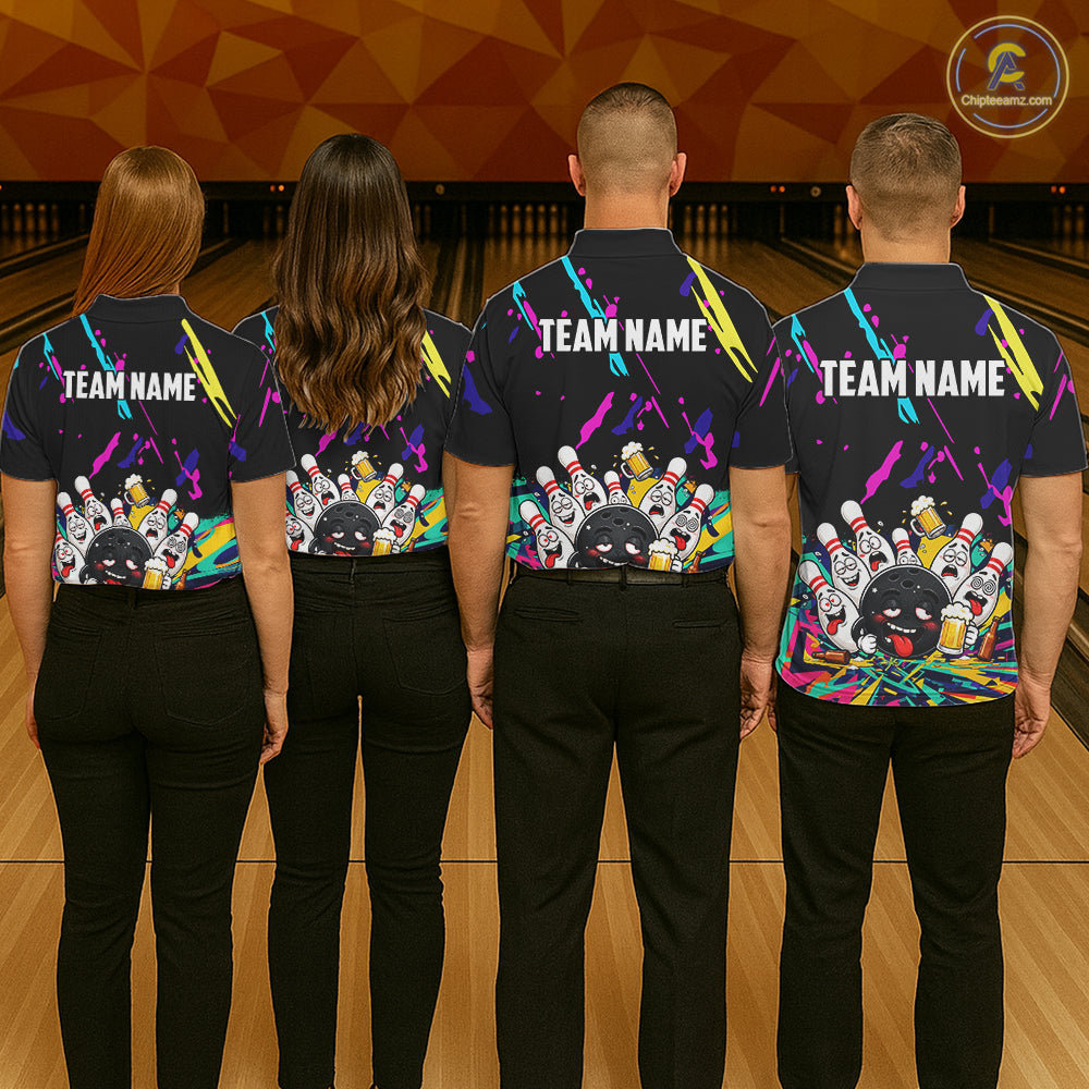 Colorful Bowling Jersey Funny Drunk Beer Bowling Polo & 1/4 Zip For Men Custom Bowling Team Shirt TDM8027