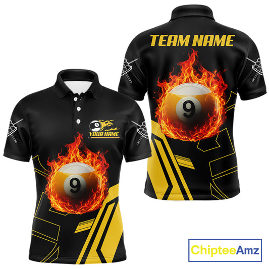Custom Fire Flaming 9 Ball Billiard Polo Shirt for Men Designed for Personalized 9 Ball Pool Team Jerseys with Premium Athletic Performance, Bold Flame Graphics, and League Ready Style