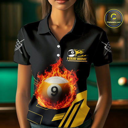 Woman Wearing Billiard Fire Flaming 9 Ball Pool Polo Shirt with Athletic Performance Fit and Dynamic Flaming 9 Ball Graphic Artwork, Front View