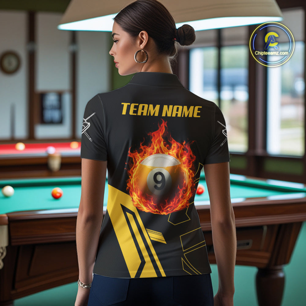 Woman Wearing Billiard Fire Flaming 9 Ball Custom Pool Team Jersey Featuring the Complete Rear Graphic Design, Back View