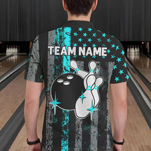 Load image into Gallery viewer, Turquoise Grunge American Flag Patriotic Bowling Shirts For Men Custom Bowling Team Jerseys TDM3503