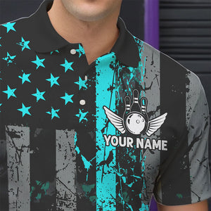 Turquoise Grunge American Flag Patriotic Bowling Shirts For Men Custom Bowling Team Jerseys TDM3503