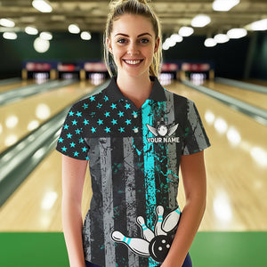 Turquoise Grunge American Flag Patriotic Bowling Shirts For Women Custom Bowling Team Jerseys TDM3503