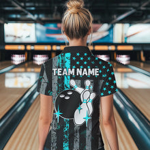 Load image into Gallery viewer, Turquoise Grunge American Flag Patriotic Bowling Shirts For Women Custom Bowling Team Jerseys TDM3503