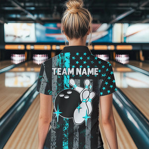 Turquoise Grunge American Flag Patriotic Bowling Shirts For Women Custom Bowling Team Jerseys TDM3503