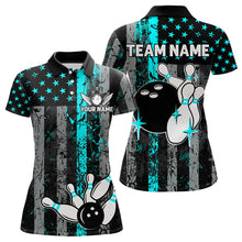 Load image into Gallery viewer, Turquoise Grunge American Flag Patriotic Bowling Shirts For Women Custom Bowling Team Jerseys TDM3503