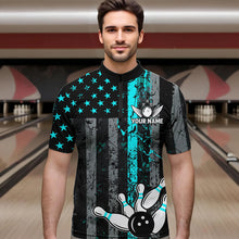 Load image into Gallery viewer, Turquoise Grunge American Flag Patriotic Bowling Shirts For Men Custom Bowling Team Jerseys TDM3503