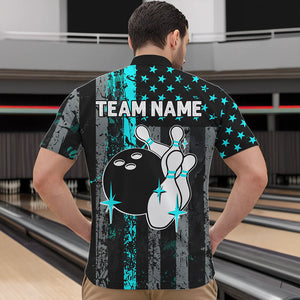 Turquoise Grunge American Flag Patriotic Bowling Shirts For Men Custom Bowling Team Jerseys TDM3503