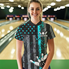 Load image into Gallery viewer, Turquoise Grunge American Flag Patriotic Bowling Shirts For Women Custom Bowling Team Jerseys TDM3503