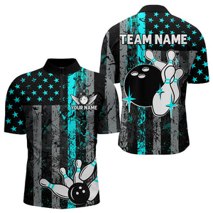 Turquoise Grunge American Flag Patriotic Bowling Shirts For Men Custom Bowling Team Jerseys TDM3503