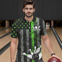 Load image into Gallery viewer, Personalized Green Grunge American Flag Patriotic Bowling Shirts For Men Custom Bowling Team Jersey TDM3504