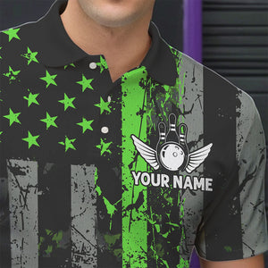 Personalized Green Grunge American Flag Patriotic Bowling Shirts For Men Custom Bowling Team Jersey TDM3504