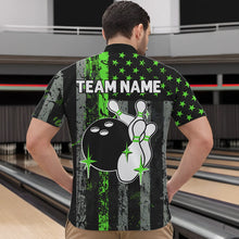 Load image into Gallery viewer, Personalized Green Grunge American Flag Patriotic Bowling Shirts For Men Custom Bowling Team Jersey TDM3504