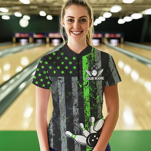 Personalized Green Grunge American Flag Patriotic Bowling Shirts For Women Custom Bowling Team Jersey TDM3504