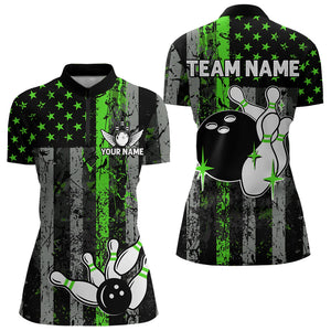 Personalized Green Grunge American Flag Patriotic Bowling Shirts For Women Custom Bowling Team Jersey TDM3504