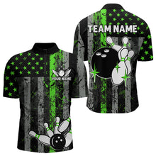 Load image into Gallery viewer, Personalized Green Grunge American Flag Patriotic Bowling Shirts For Men Custom Bowling Team Jersey TDM3504