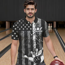 Load image into Gallery viewer, Grey And Black Grunge American Flag Patriotic Bowling Shirts For Men Custom Bowling Team Jerseys TDM3505