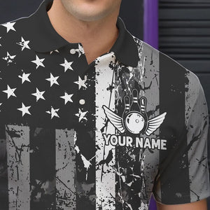 Grey And Black Grunge American Flag Patriotic Bowling Shirts For Men Custom Bowling Team Jerseys TDM3505