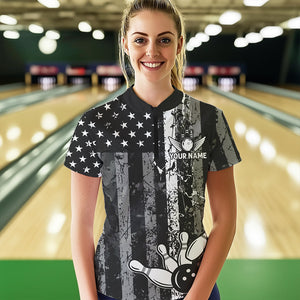 Grey And Black Grunge American Flag Patriotic Bowling Shirts For Women Custom Bowling Team Jerseys TDM3505