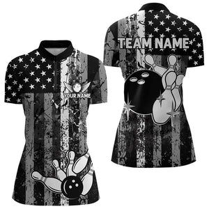 Grey And Black Grunge American Flag Patriotic Bowling Shirts For Women Custom Bowling Team Jerseys TDM3505