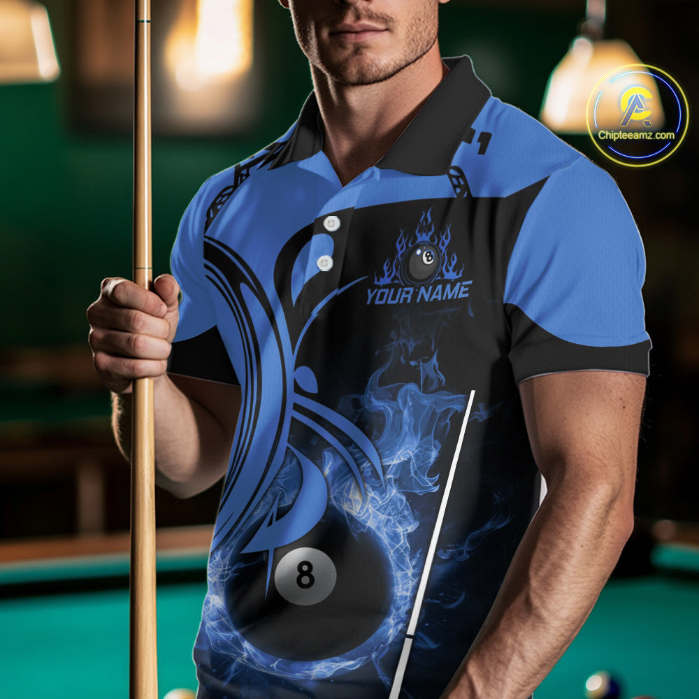 Personalized Blue 8 Ball Fire Flame Billiard Shirt For Men, Pool Team Jersey Polo & 1/4 Zip TDM5974