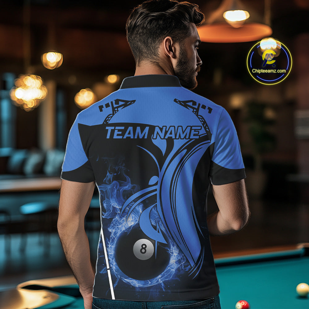 Personalized Blue 8 Ball Fire Flame Billiard Shirt For Men, Pool Team Jersey Polo & 1/4 Zip TDM5974