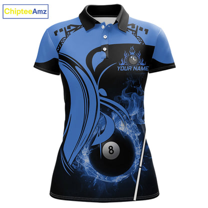 Personalized Blue 8 Ball Fire Flame Billiard Shirt For Women, Pool Team Jersey Polo & 1/4 Zip TDM5974