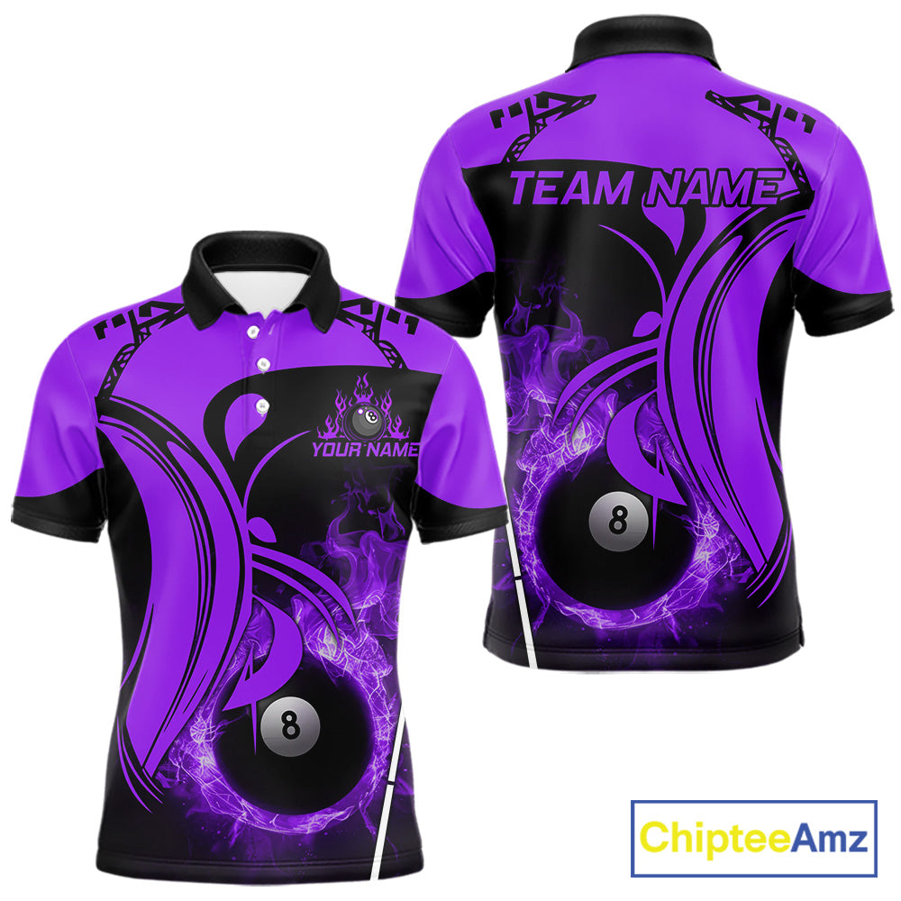 Personalized Purple 8 Ball Fire Flame Billiard Shirt For Men, Pool Team Jersey Polo & 1/4 Zip TDM5975