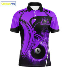 Load image into Gallery viewer, Personalized Purple 8 Ball Fire Flame Billiard Shirt For Men, Pool Team Jersey Polo &amp; 1/4 Zip TDM5975
